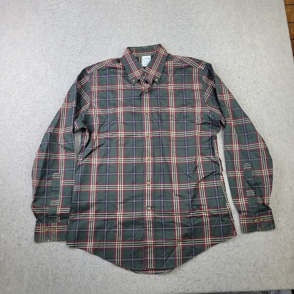 Brooks Brothers Non Iron Shirt Mens M Green Plaid Long Sleeve Button Down Supima
